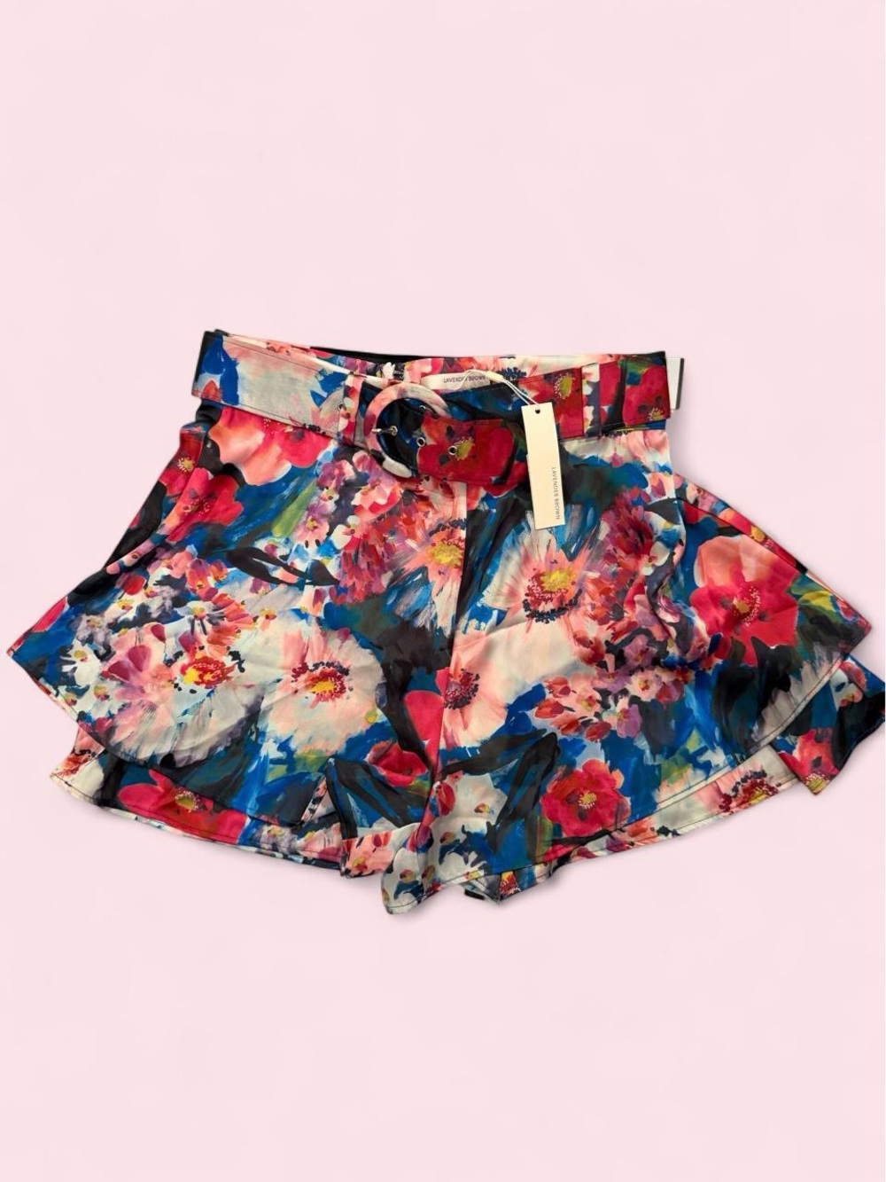 Lavender Brown Floral Ruffle Belted Women’s Shorts